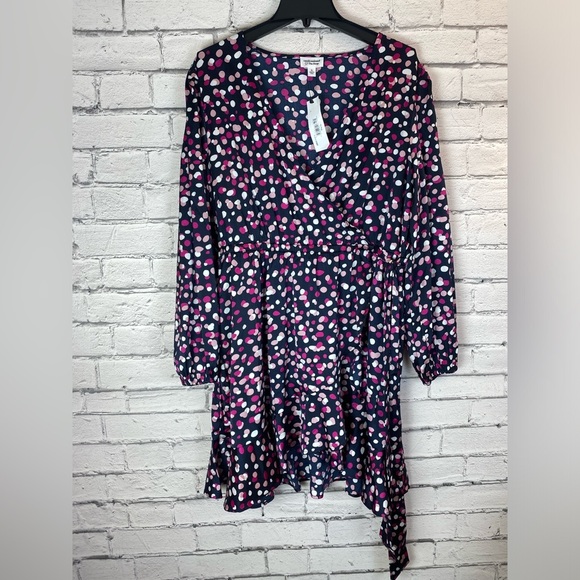 The Drop Pink Polka Dot Abstract Print Faux Wrap Long Sleeved Dress Size XL NWT - Picture 3 of 13